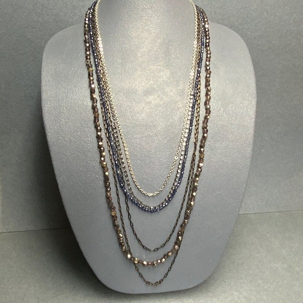 AEO Multi Strand Long Necklace 27 In Beads Copper Indigo Purple Blue Rhinestone
